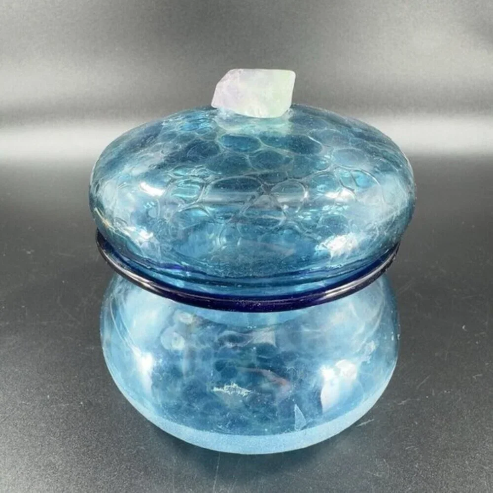 Hand Blown Glass Canister Jar With Lid Blue Frosted Bottom Hand‎ Made In Mexico